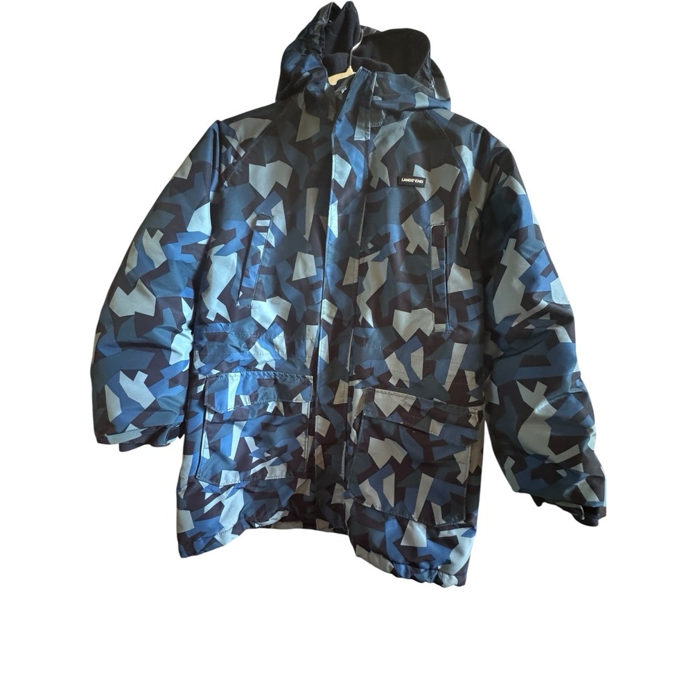 Land's End Boys Size XL 14-16 Blue Camo Squall Hooded Waterproof Parka Pockets